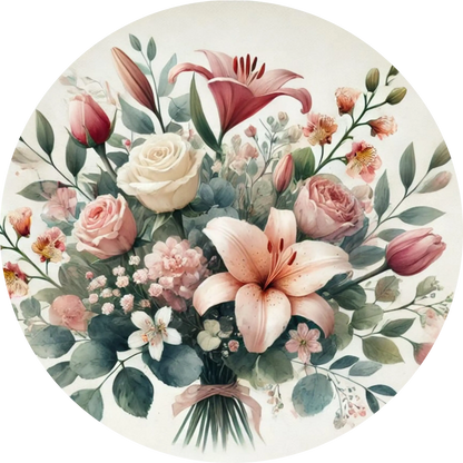 Üppiges Blumendesign mit Lilien, Pfingstrosen und Blättern auf hellem Grund.