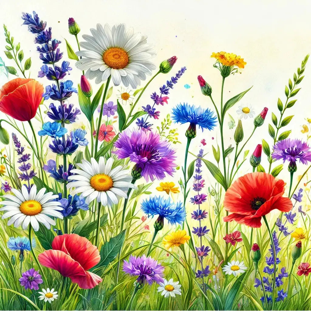 Blumenwiese mit Gänseblümchen, Kornblumen, Lavendel und Mohn in leuchtenden Farben