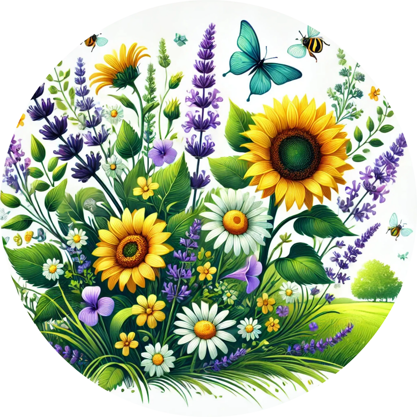 Blumenwiese mit Sonnenblumen, Margeriten und Lavendel in leuchtenden Farben