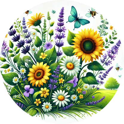 Blumenwiese mit Sonnenblumen, Margeriten und Lavendel in leuchtenden Farben