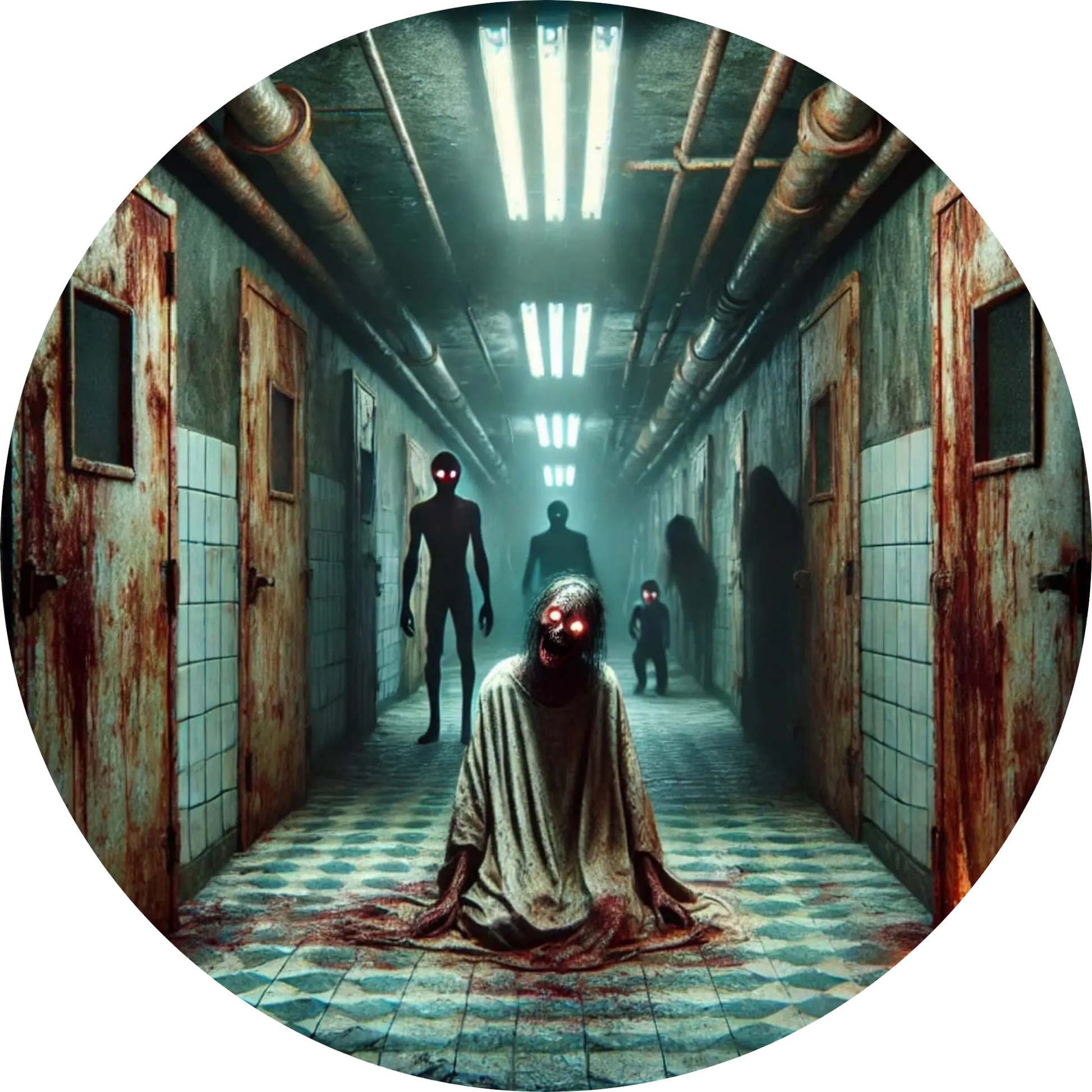 Zombies im Flur im endlosen, blutigen Neonflur mit bedrückender Atmosphäre