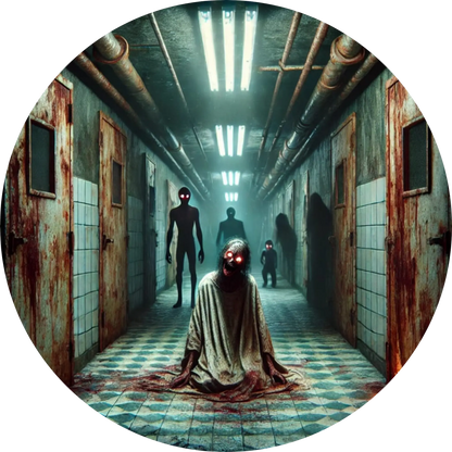 Zombies im Flur im endlosen, blutigen Neonflur mit bedrückender Atmosphäre