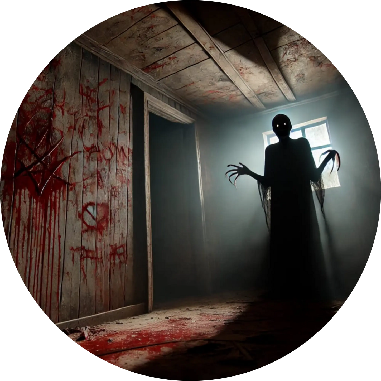 Gestalt mit Sichel in verlassenem Korridor mit Blutspur an der Wand