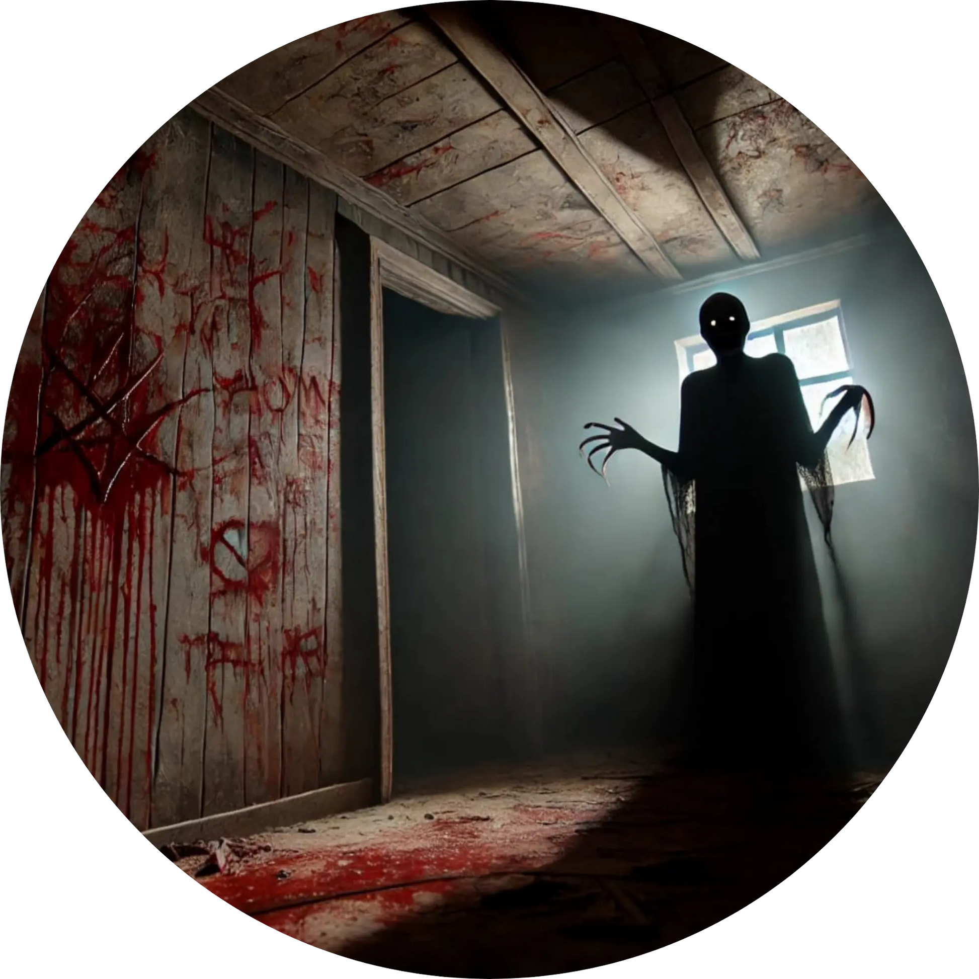 Gestalt mit Sichel in verlassenem Korridor mit Blutspur an der Wand