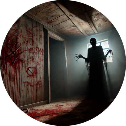 Gestalt mit Sichel in verlassenem Korridor mit Blutspur an der Wand