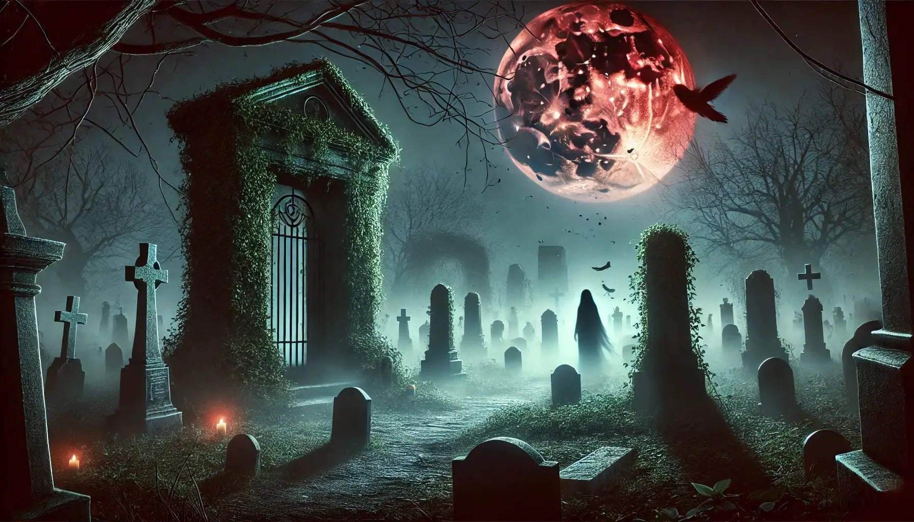 Düsterer Friedhof unter einem blutroten Mond mit alten Grabsteinen, gespenstischer Silhouette und unheimlicher Atmosphäre – perfekte Kulisse für Mystery- oder Horrorthemen.