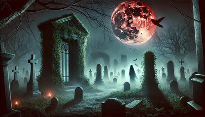 Düsterer Friedhof unter einem blutroten Mond mit alten Grabsteinen, gespenstischer Silhouette und unheimlicher Atmosphäre – perfekte Kulisse für Mystery- oder Horrorthemen.