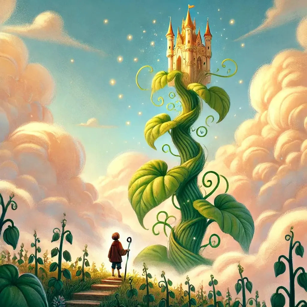 Fantasievolle Illustration der bekannten Geschichte, in der eine riesige Bohnenranke bis in den Himmel wächst – ein kleiner Junge blickt staunend hinauf.