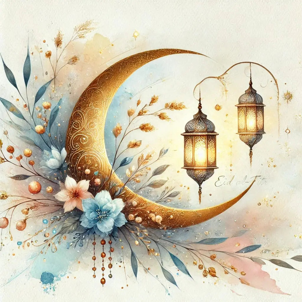Elegantes Motiv im Boho-Stil mit Halbmond, floralen Ornamenten und zwei hängenden Laternen auf cremefarbenem Untergrund.