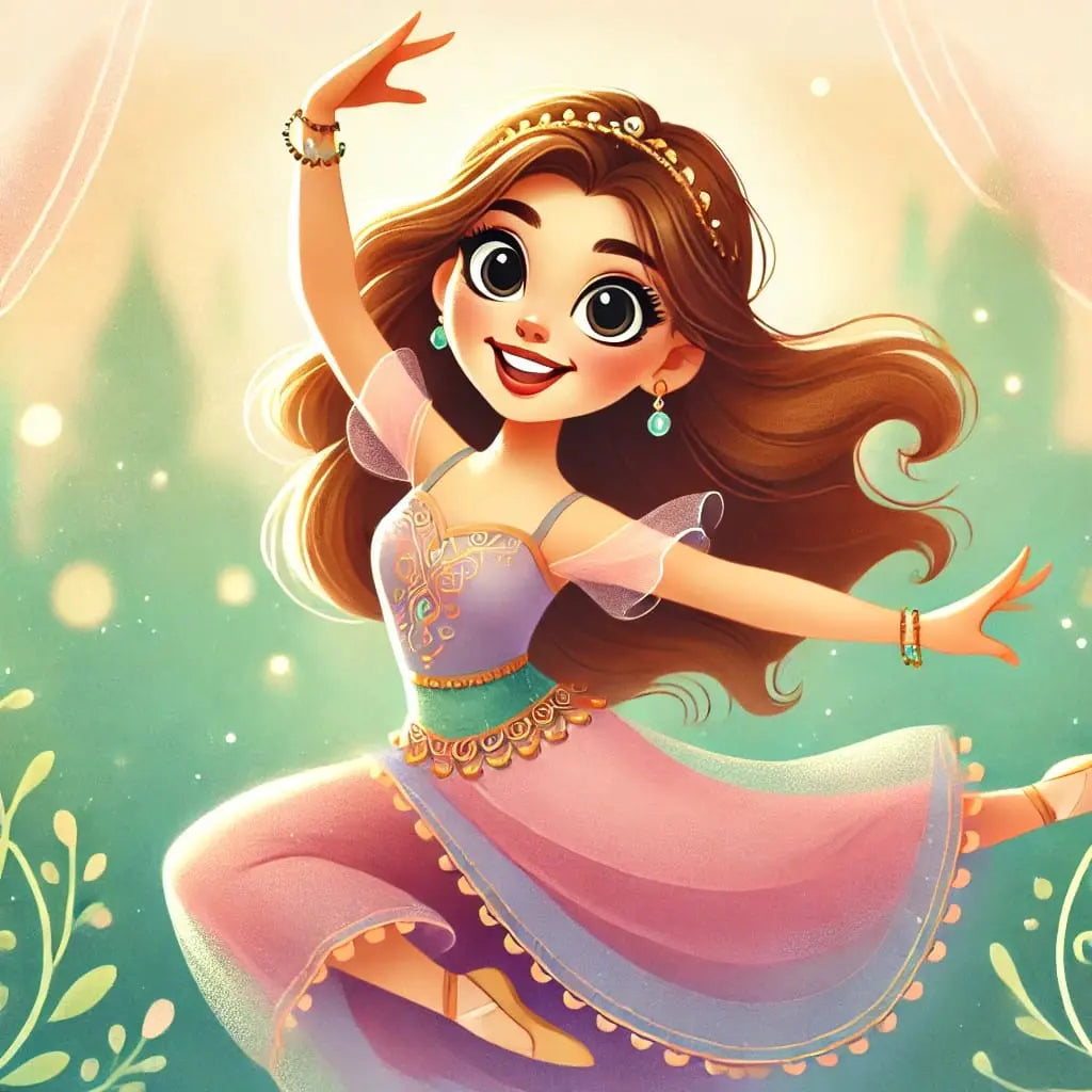 Kind in farbenfrohem Bollywood-Kostüm tanzt freudestrahlend – stilisierte Darstellung.