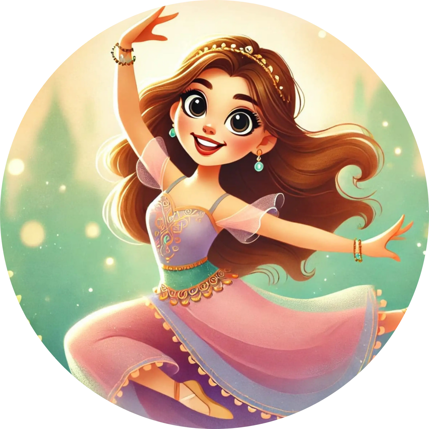 Fröhliche Tänzerin in bunter Kleidung, tänzelt auf pinkem Lichtkreis – animiert, energiegeladen und kindgerecht