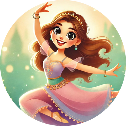 Fröhliche Tänzerin in bunter Kleidung, tänzelt auf pinkem Lichtkreis – animiert, energiegeladen und kindgerecht