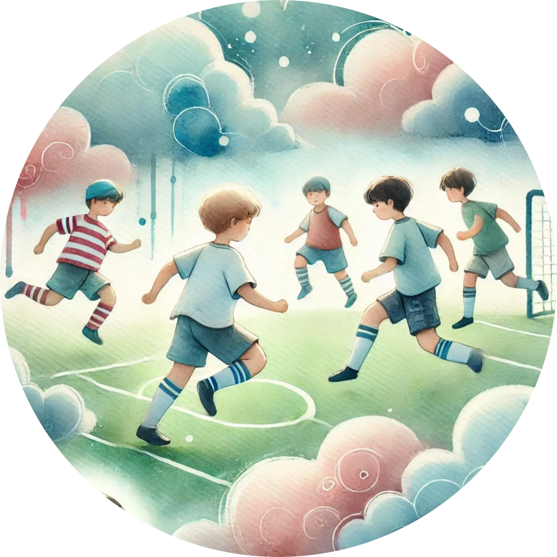 Kinder laufen lachend durch eine hügelige Landschaft im Sonnenuntergang