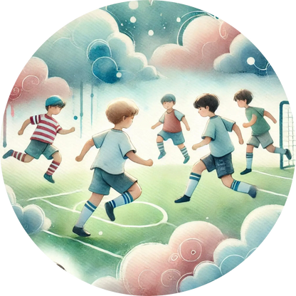 Kinder laufen lachend durch eine hügelige Landschaft im Sonnenuntergang