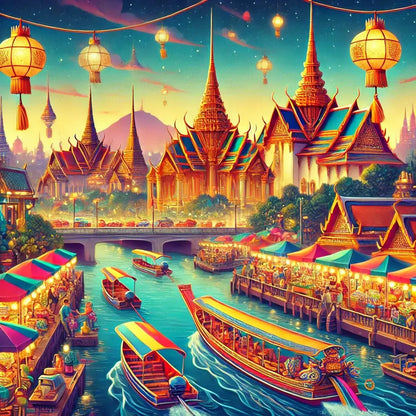 Traditionelle thailändische Boote vor bunter Tempellandschaft mit Palmen und goldenen Dächern