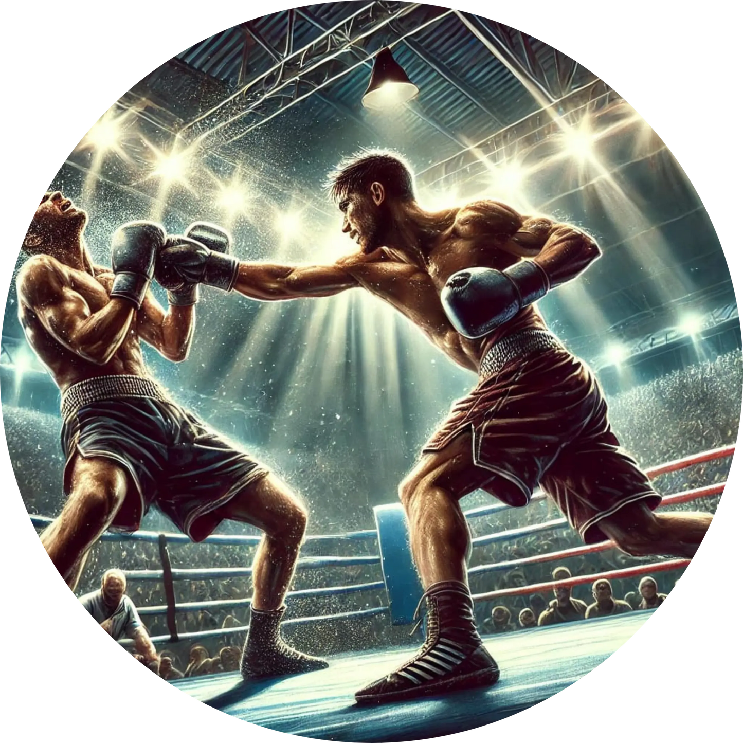 Zwei Boxer im Kampf, umgeben von energiegeladenem Licht – Symbol für Kampfsport und Ausdauer.

