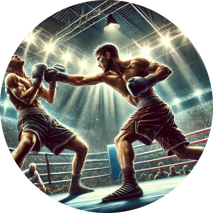Zwei Boxer im Kampf, umgeben von energiegeladenem Licht – Symbol für Kampfsport und Ausdauer.

