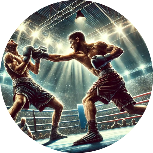 Zwei Boxer im Kampf, umgeben von energiegeladenem Licht – Symbol für Kampfsport und Ausdauer.

