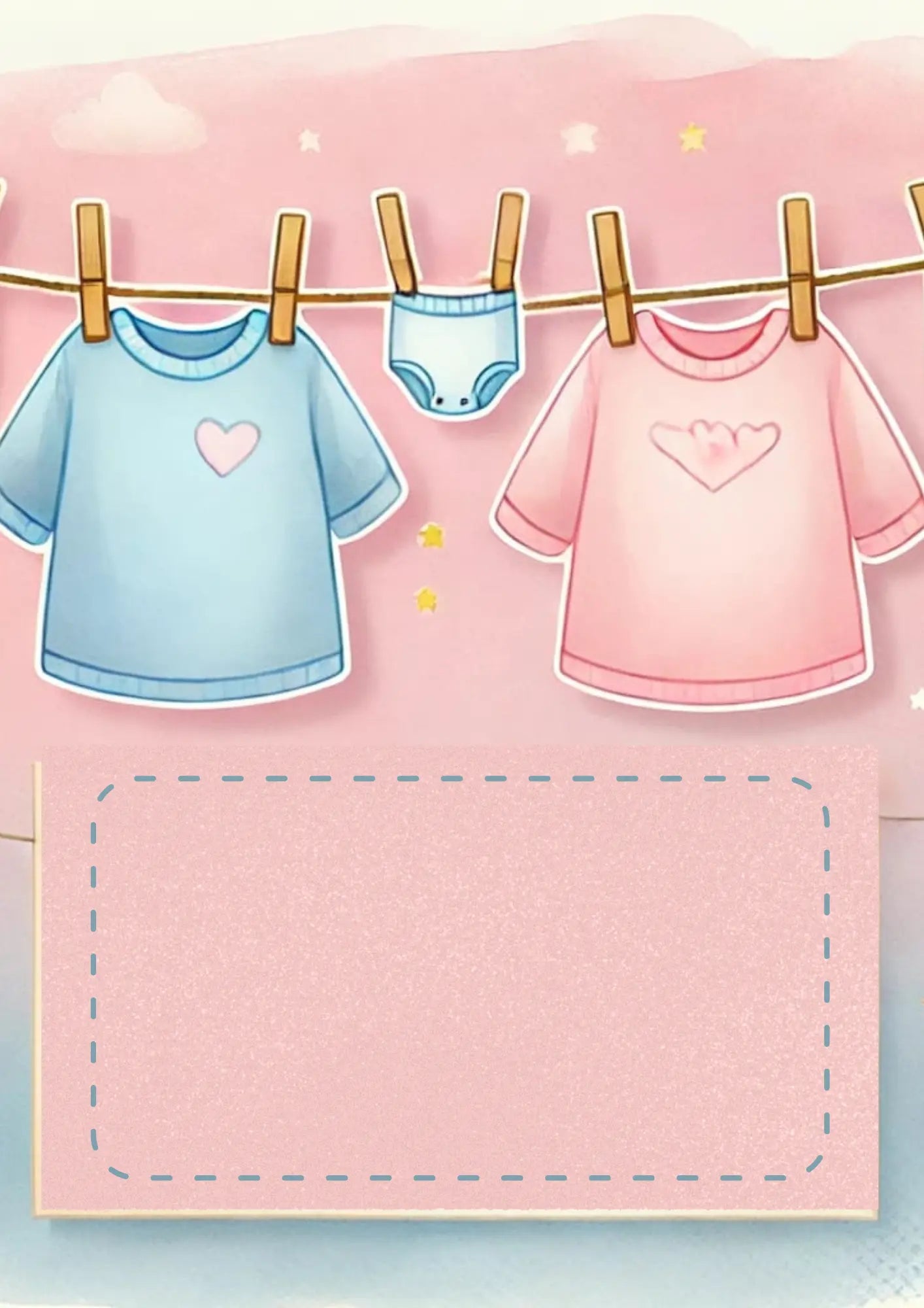 Rosa Hintergrund mit aufgehängter Babywäsche in Rosa und Blau, darunter ein leerer Rahmen für Text – niedliches Design für Baby-Party oder Ankündigung.