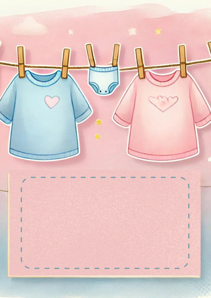  Rosa Hintergrund mit aufgehängter Babywäsche in Rosa und Blau, darunter ein leerer Rahmen für Text – niedliches Design für Baby-Party oder Ankündigung.