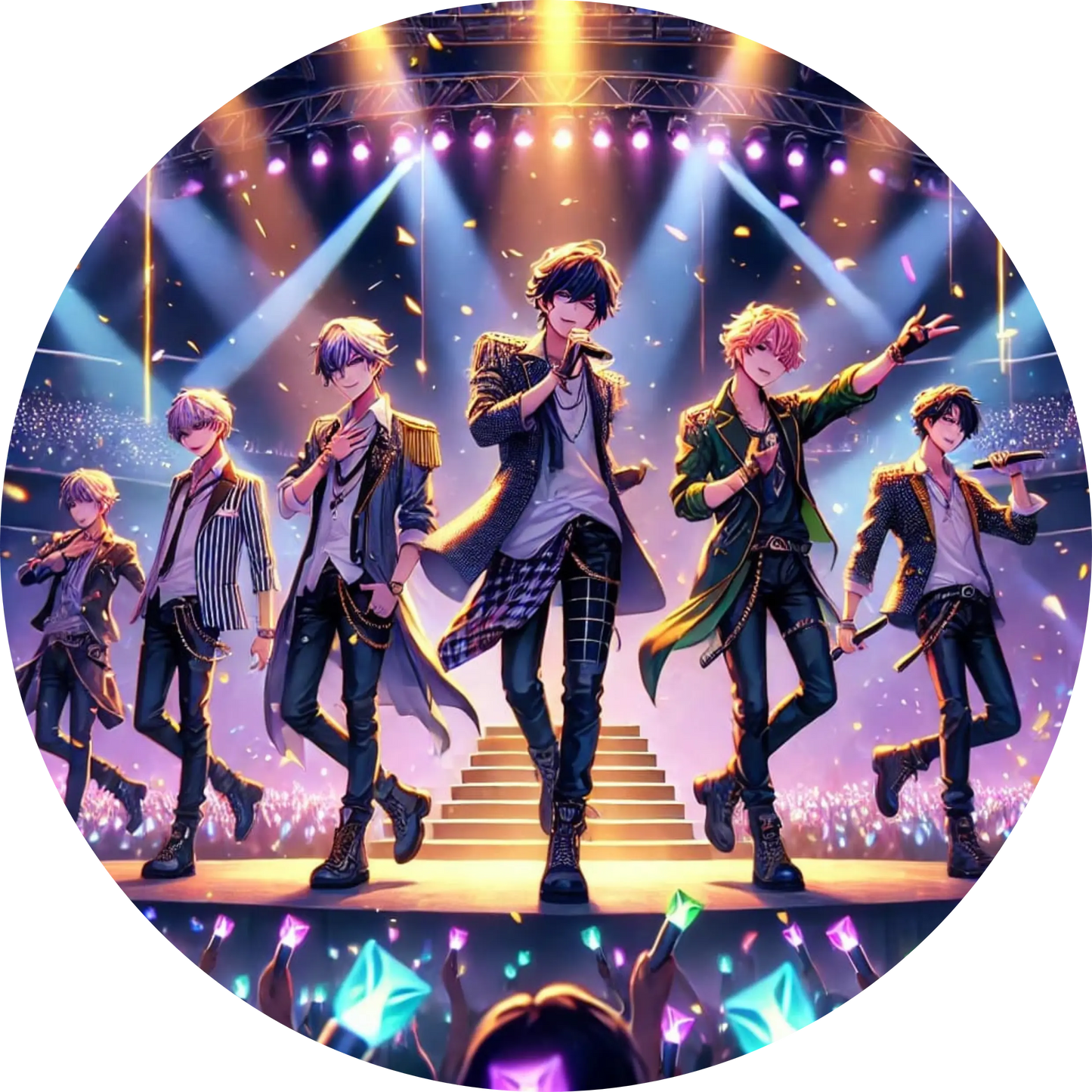 K-Pop-Boygroup in Tanzpose vor strahlender Bühnenkulisse mit Fans im Vordergrund