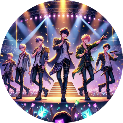 K-Pop-Boygroup in Tanzpose vor strahlender Bühnenkulisse mit Fans im Vordergrund