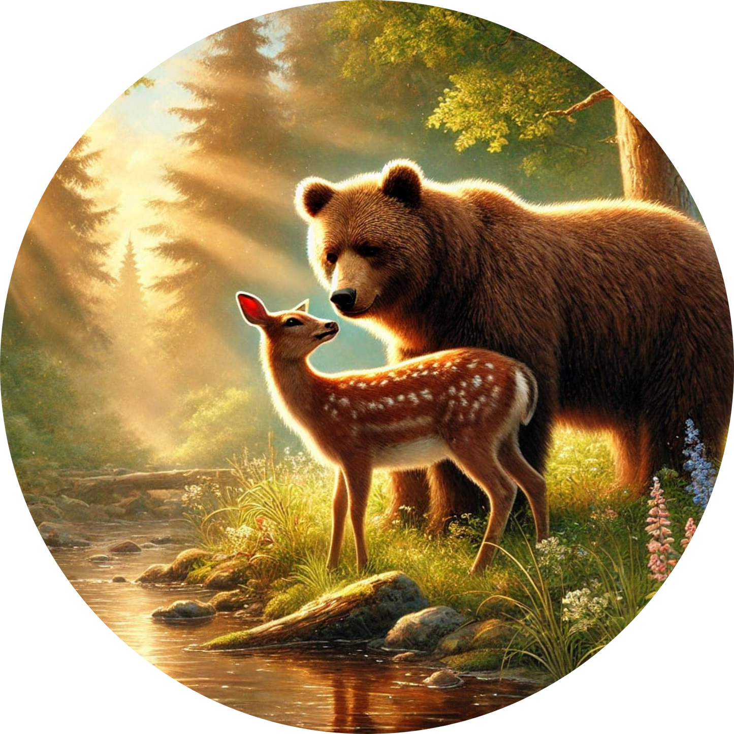 Braunbär beugt sich zu einem kleinen Rehkitz im Wald
