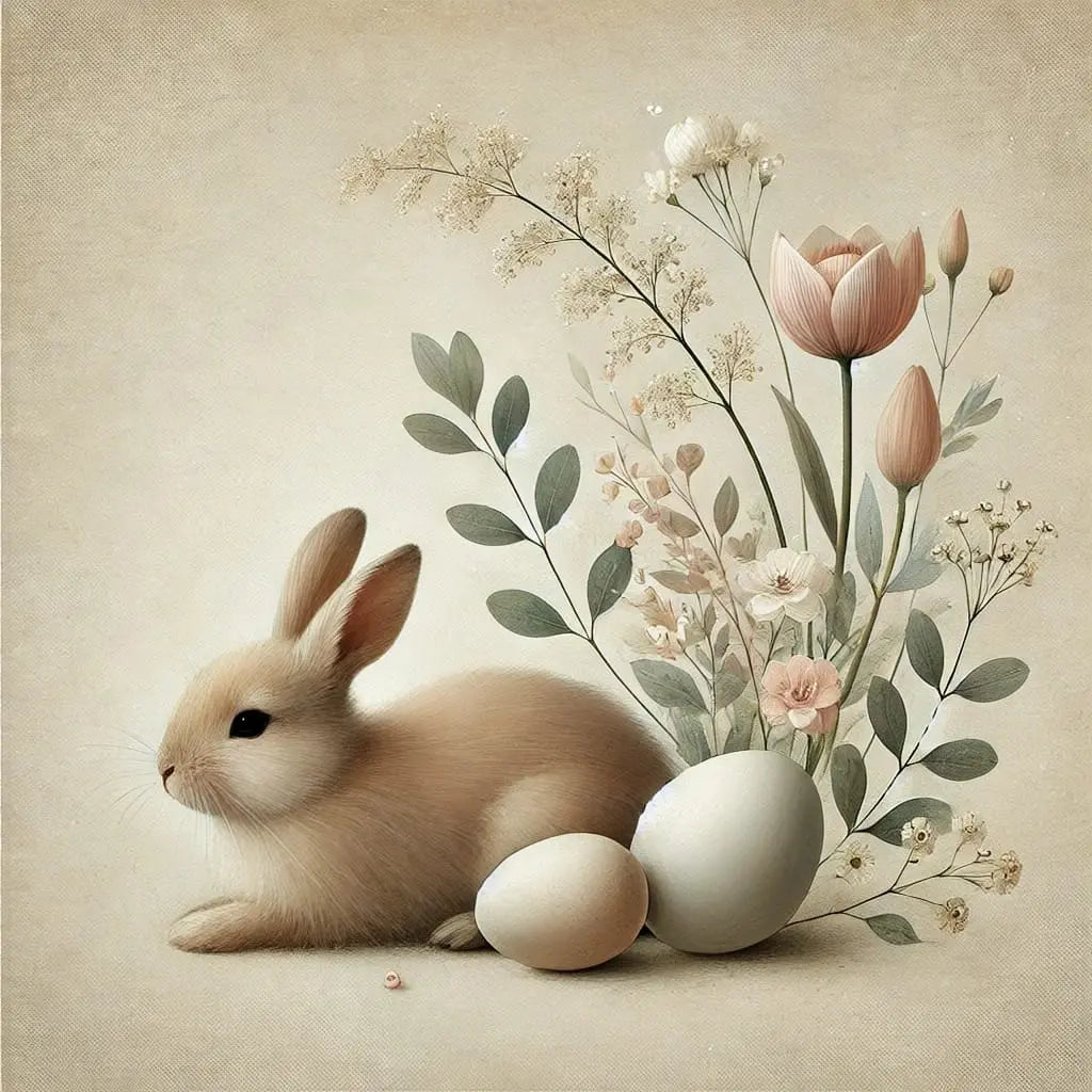 Häschen mit Ostereiern und zarten floralen Details, minimalistisch und stilvoll.
