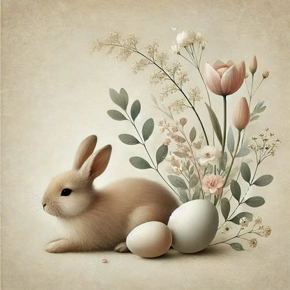 Häschen mit Ostereiern und zarten floralen Details, minimalistisch und stilvoll.