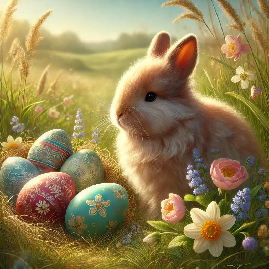 Braunes Kaninchen neben bunt bemalten Ostereiern auf einer grünen Wiese, frühlingshaft und freundlich.