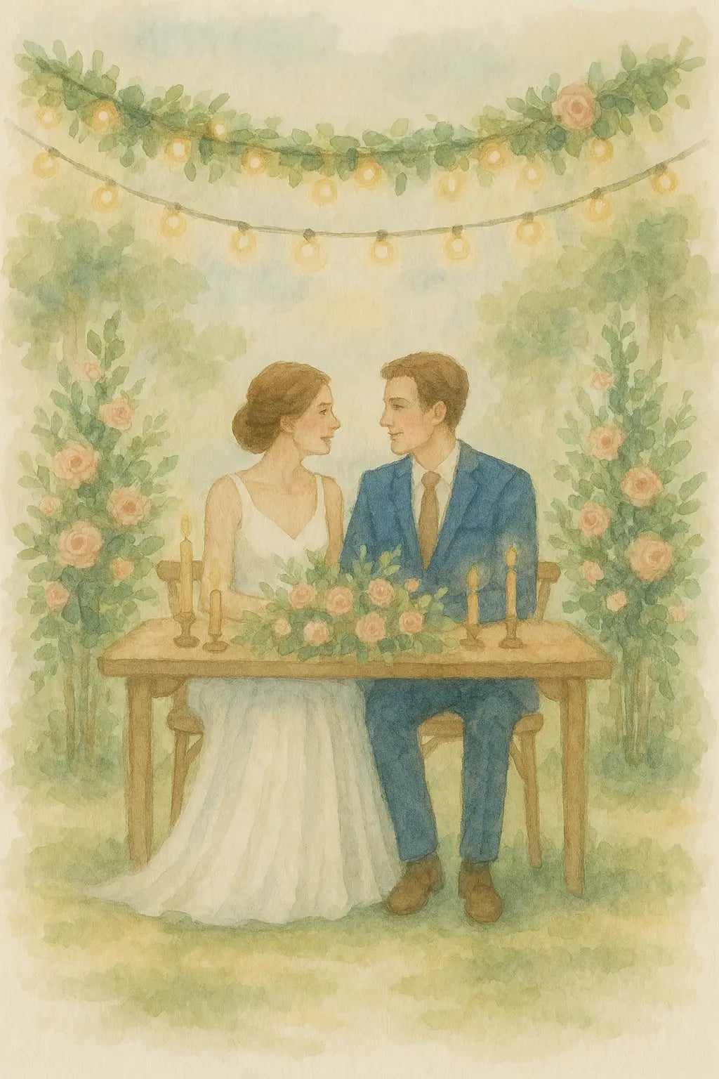 Brautpaar sitzt an einem festlich dekorierten Tisch im Garten unter Lichterketten, umgeben von Blumenarrangements.