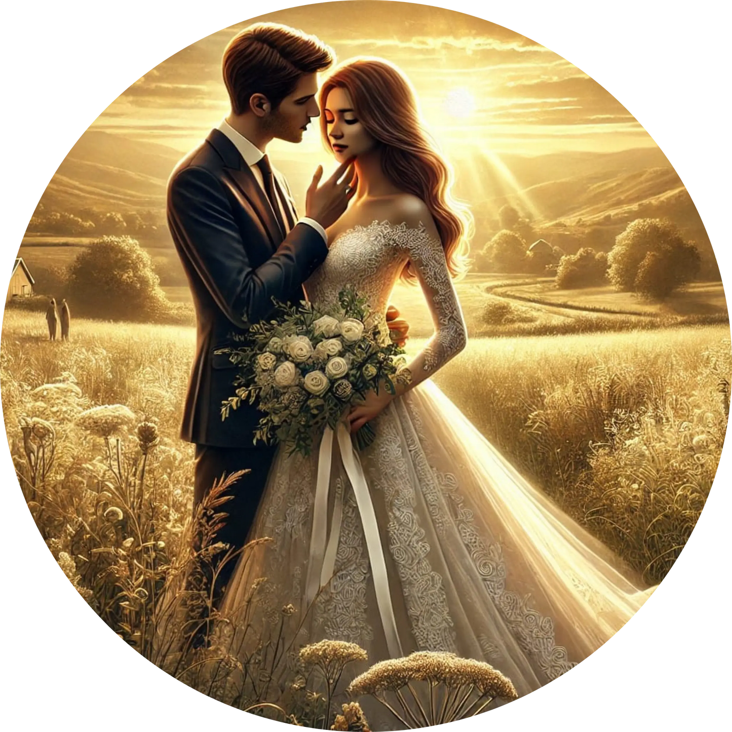  Brautpaar in liebevoller Pose auf einem goldenen Feld im Gegenlicht der Sonne