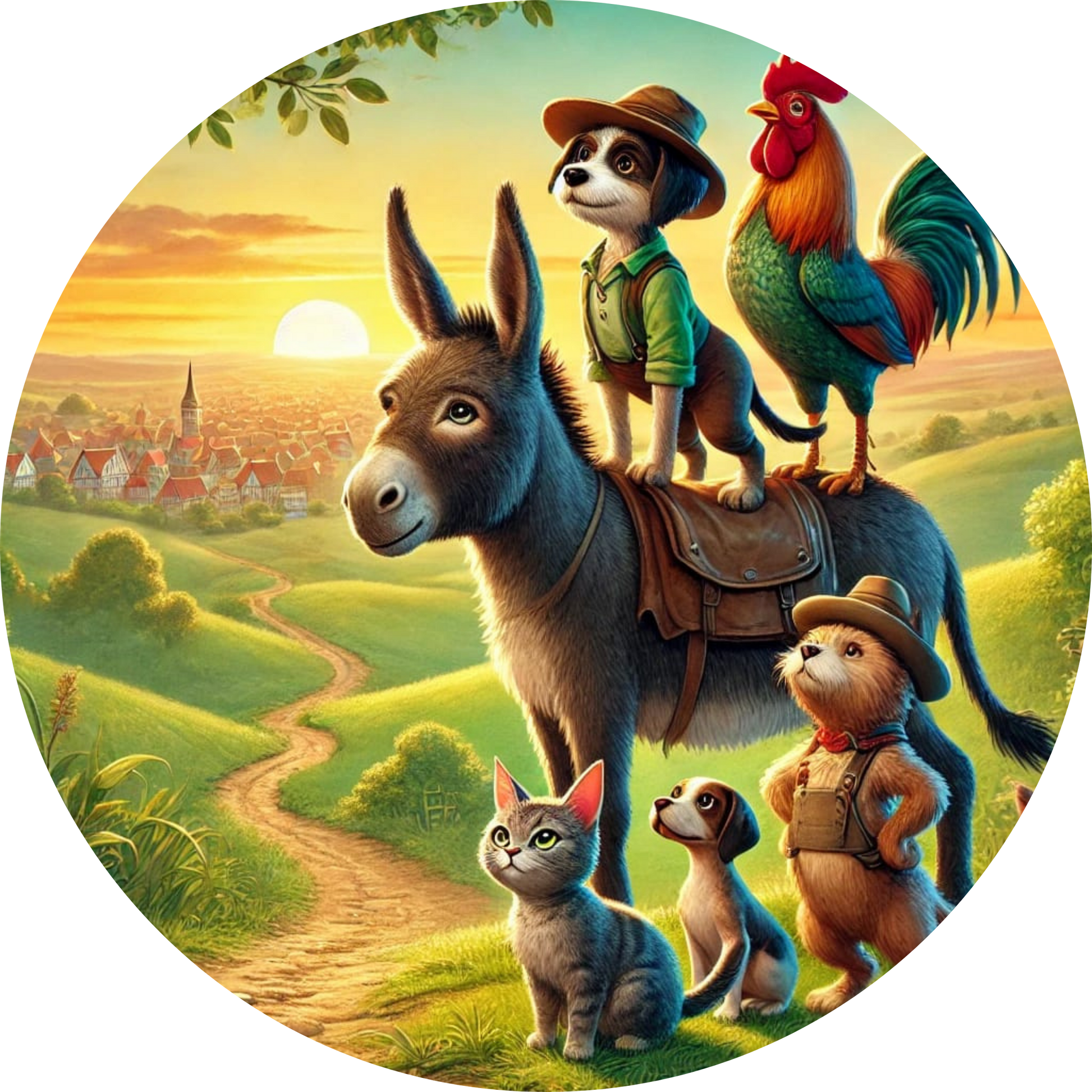 Bremer Stadtmusikanten auf einem Esel vor Fachwerkhäusern