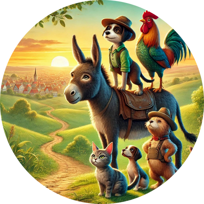 Bremer Stadtmusikanten auf einem Esel vor Fachwerkhäusern