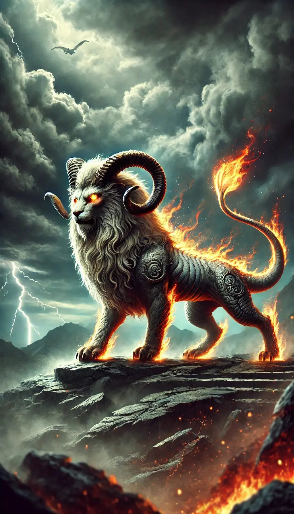 Löwenähnliches Wesen auf rot-goldenem Hügel – Majestätisches Tier mit Fantasieelementen blickt über eine rötlich leuchtende Hügellandschaft.