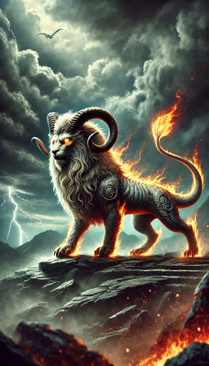 Löwenähnliches Wesen auf rot-goldenem Hügel – Majestätisches Tier mit Fantasieelementen blickt über eine rötlich leuchtende Hügellandschaft.