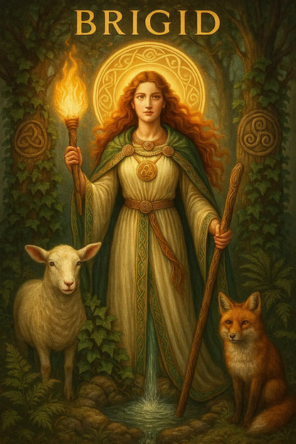 Brigid mit Fackel, Schaf und Fuchs: Mystische Göttin Brigid mit Fackel, Schaf und Fuchs – keltisches Motiv mit spiritueller Symbolik.