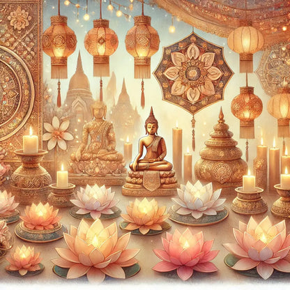 Goldene Tempelszene mit Buddha-Statue, schwebenden Laternen und leuchtenden Lotusblüten – spirituelles Motiv im thailändisch-buddhistischen Stil.