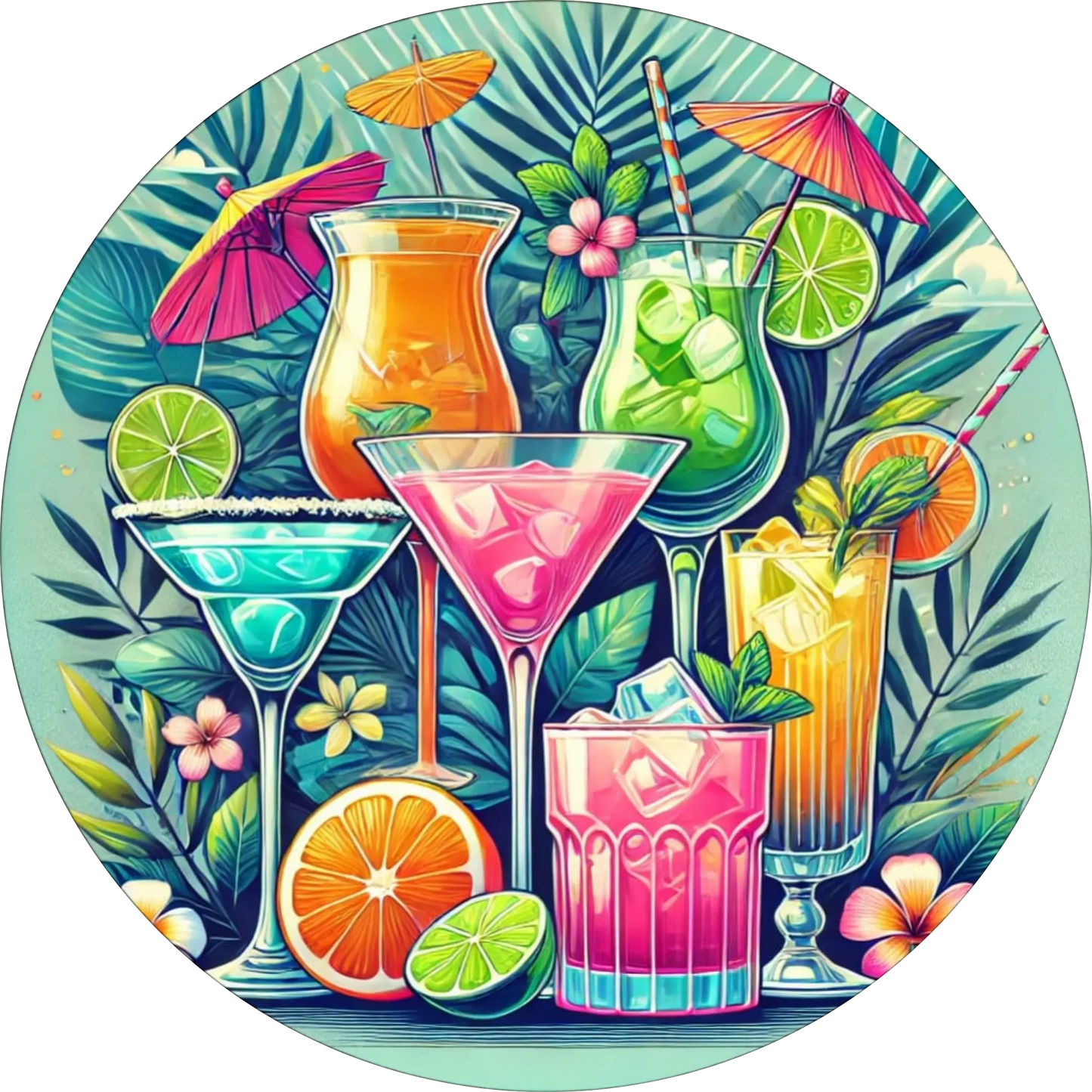 Bunte Cocktails mit Früchten und Eiswürfeln auf tropischem Hintergrund