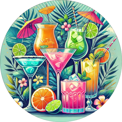 Bunte Cocktails mit Früchten und Eiswürfeln auf tropischem Hintergrund