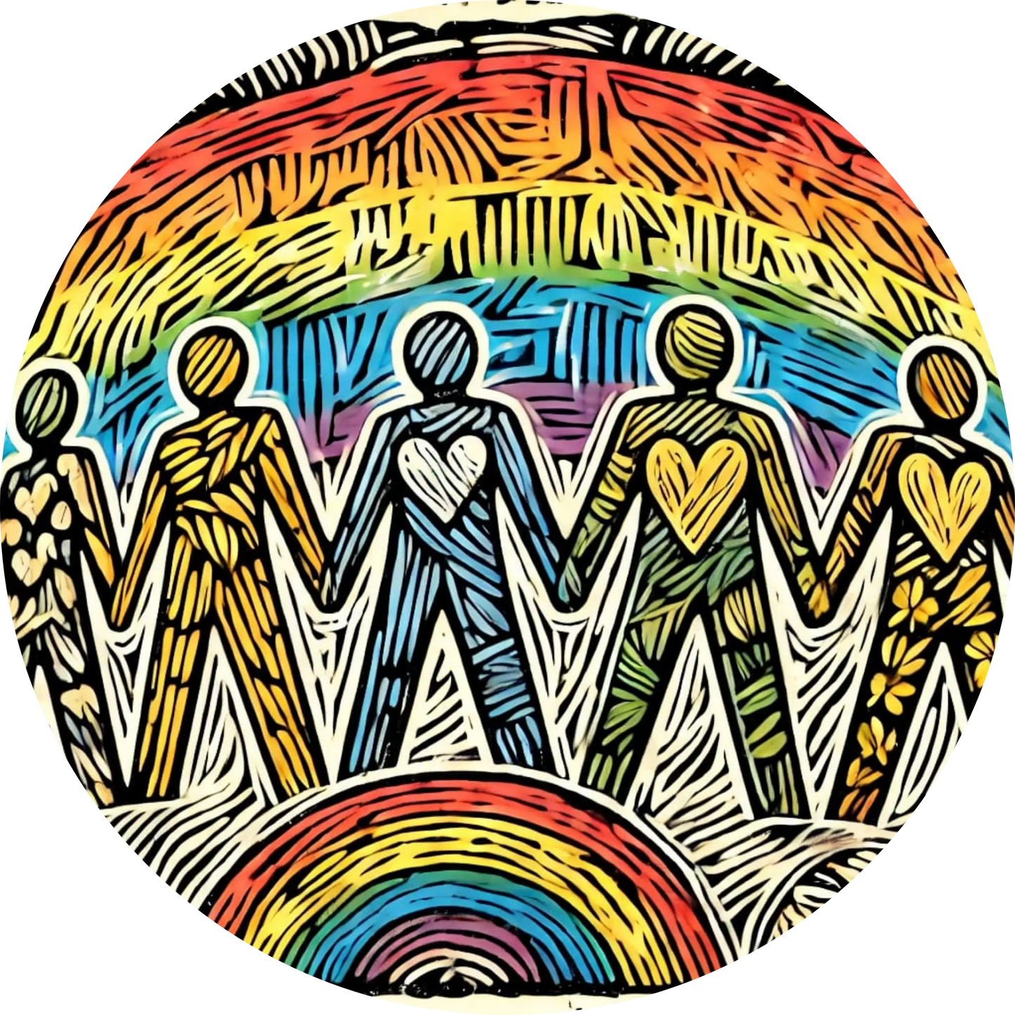 Stilisierte, queere Menschenfiguren in Schwarz mit bunten Herzen auf gelbem Muster.