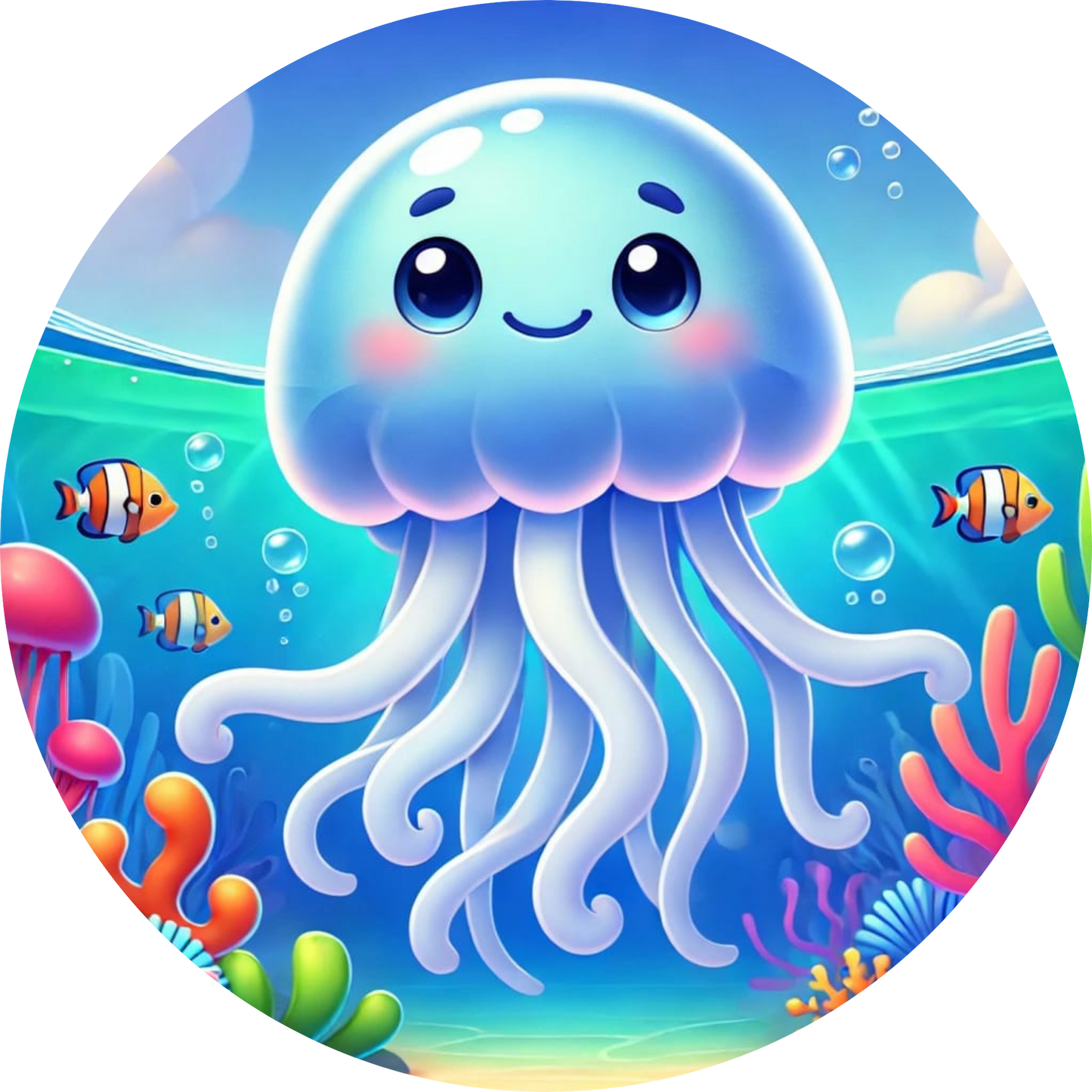 Fröhliche Qualle mit bunten Tentakeln schwimmt im Meer
