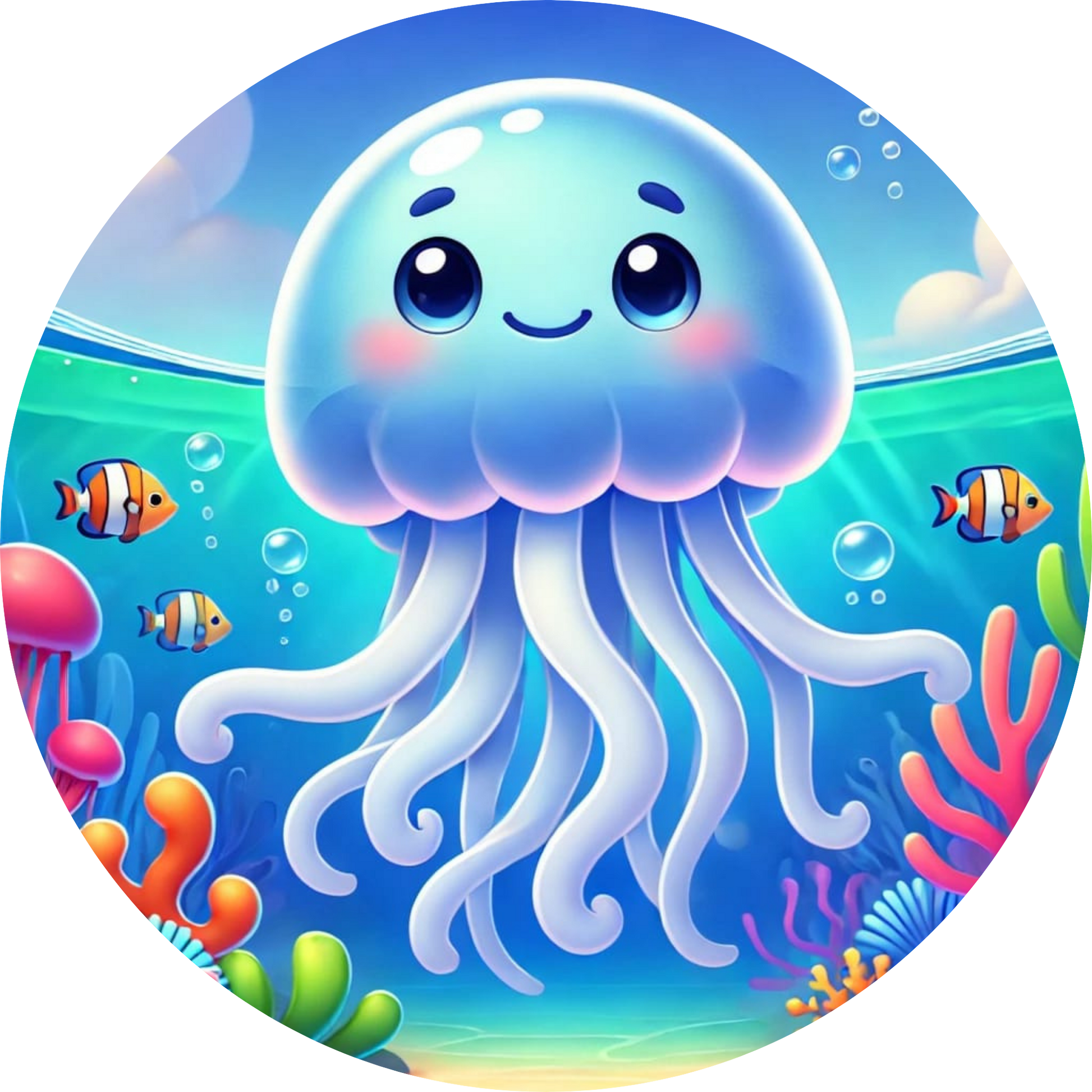 Fröhliche Qualle mit bunten Tentakeln schwimmt im Meer
