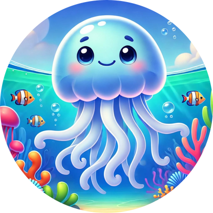 Fröhliche Qualle mit bunten Tentakeln schwimmt im Meer
