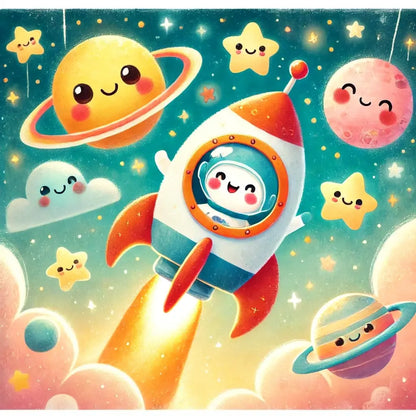 Ein fröhlicher Astronaut fliegt in bunter Rakete durch den Weltraum.