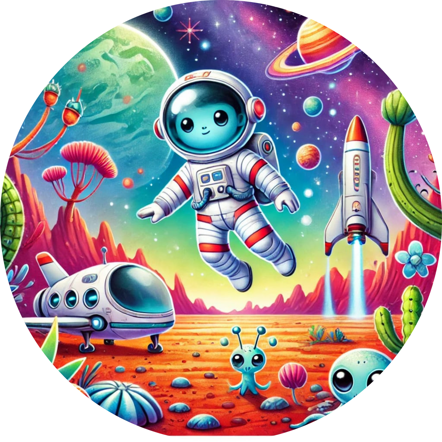 Astronaut in quietschbunter Cartoon-Welt mit Sternenhimmel