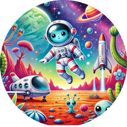 Astronaut in quietschbunter Cartoon-Welt mit Sternenhimmel