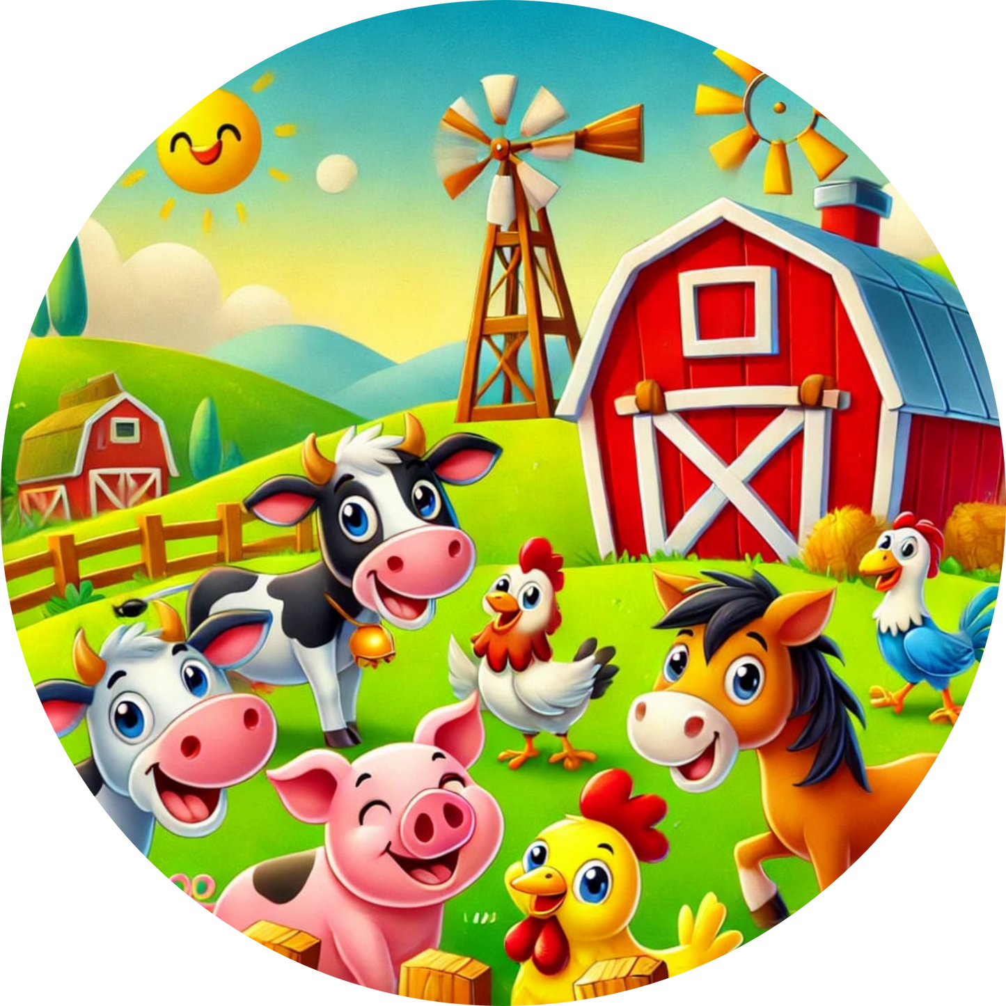 Bunter Bauernhof mit glücklichen Tieren und rotem Stall

