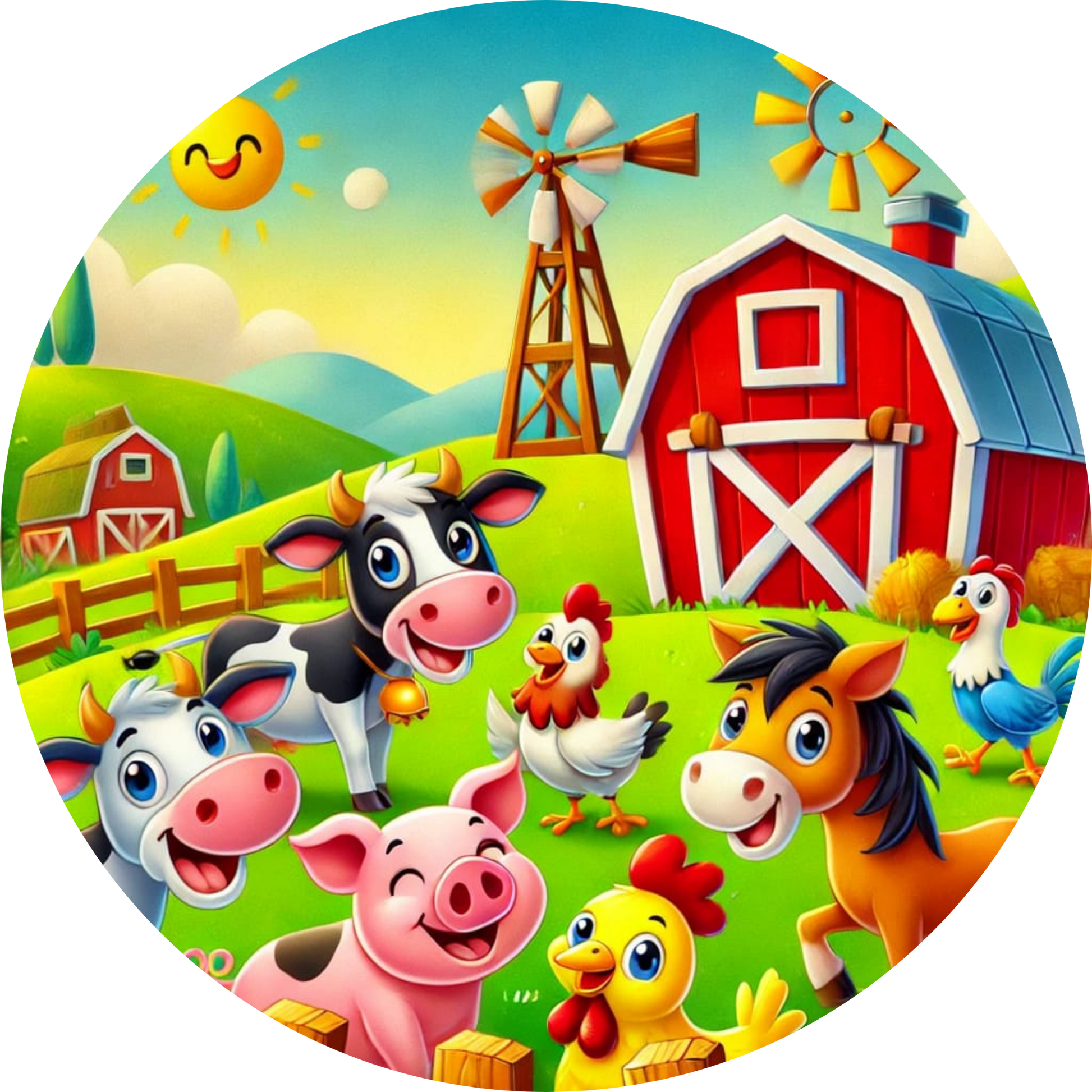 Bunter Bauernhof mit glücklichen Tieren und rotem Stall

