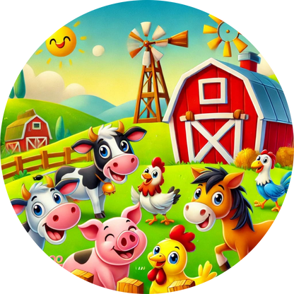 Bunter Bauernhof mit glücklichen Tieren und rotem Stall

